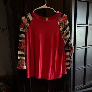 Hanes Red Raglan Top with Floral Black-and-White Stripe Sleeves